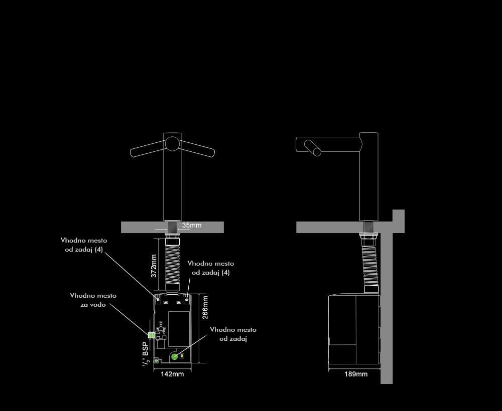 Notranje specifikacije dolgega Dyson Airblade Tap sušilnika za roke