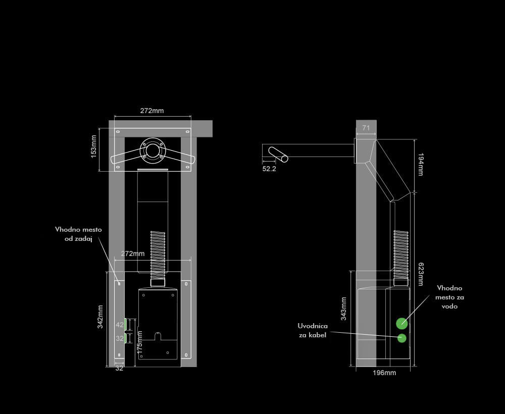 Notranje specifikacije stenskega Dyson Airblade Tap sušilnika za roke 