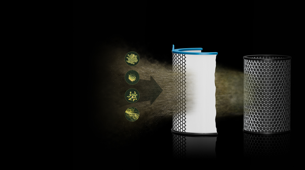 Dvoslojna filtracija kompaktnega čistilnika zraka Dyson HushJet iz zraka odstranjuje alergene, umazanijo, vonjave in pline.