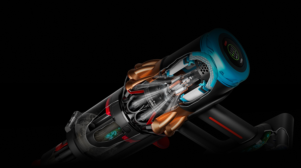 Prerez prikazuje zmogljivi motor Hyperdymiumm 900 W v sesalniku Dyson V16 Piston Animal.