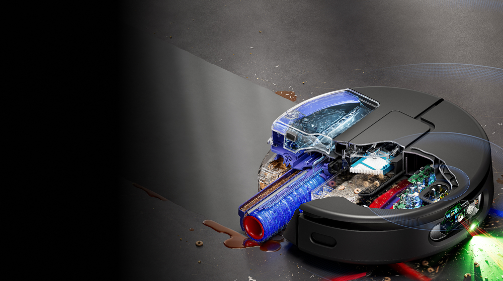 Prerez prikazuje samočistilni valj za mokro čiščenje robotskega sesalnika Dyson Spot+Shrub Ai DR30.